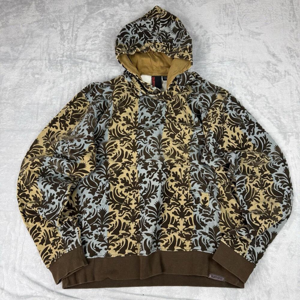 Rare! Burton Hoodie Brown/Blue Floral 3D Pattern Ski Snowboard Men Size XL Y2K